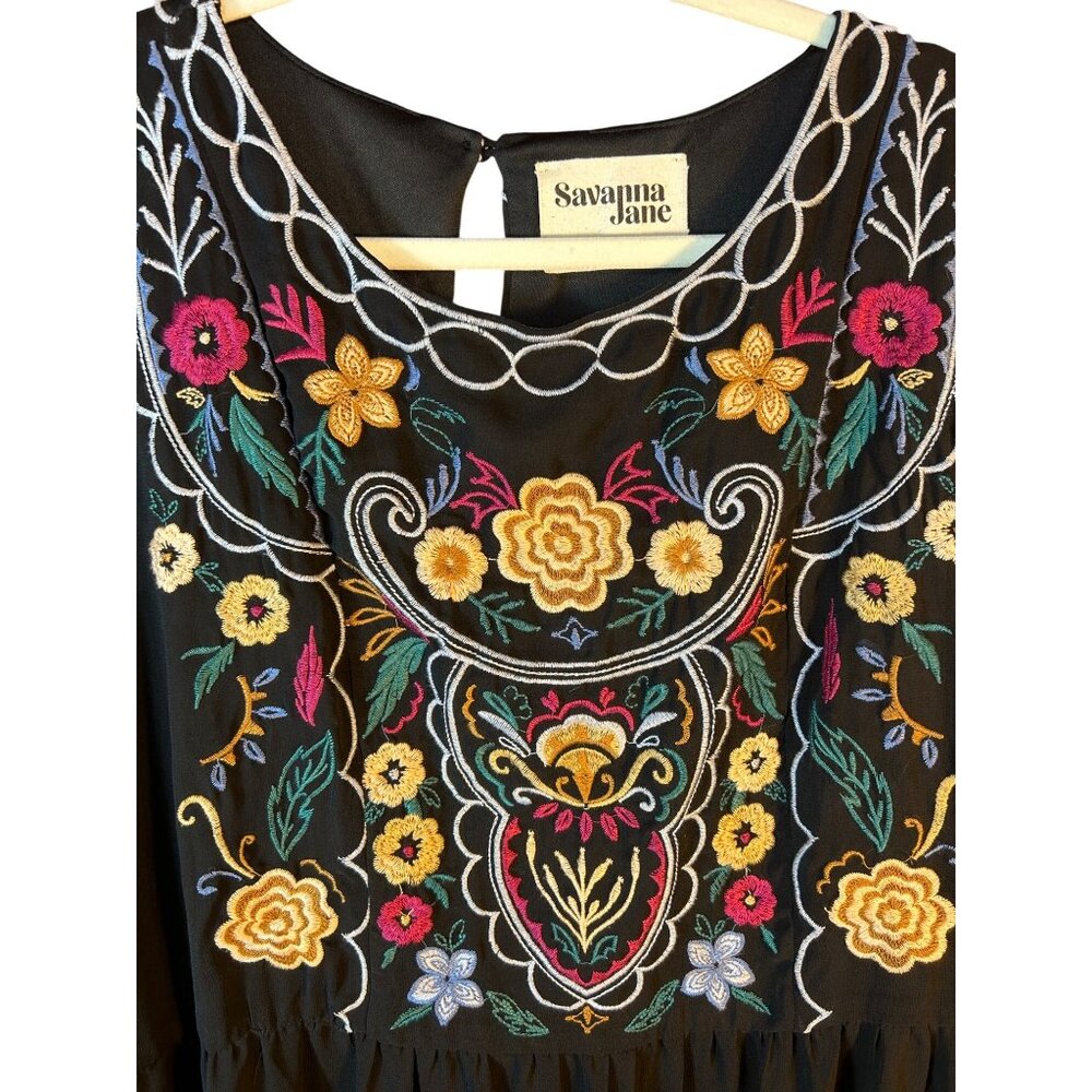 Savanna Jane Black Embroidered Floral Boho Dress 3/4 Sleeve & Ruffle Hem Size 1X - Picture 6 of 9